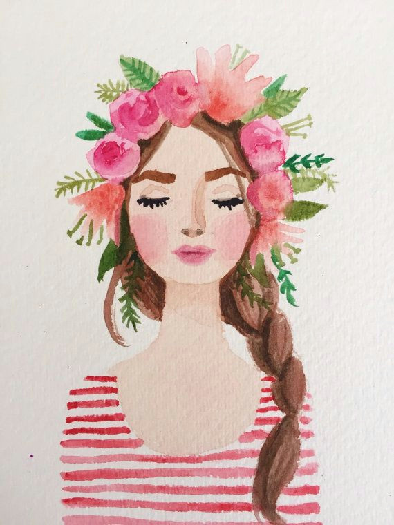 flower crown girl watercolor painting