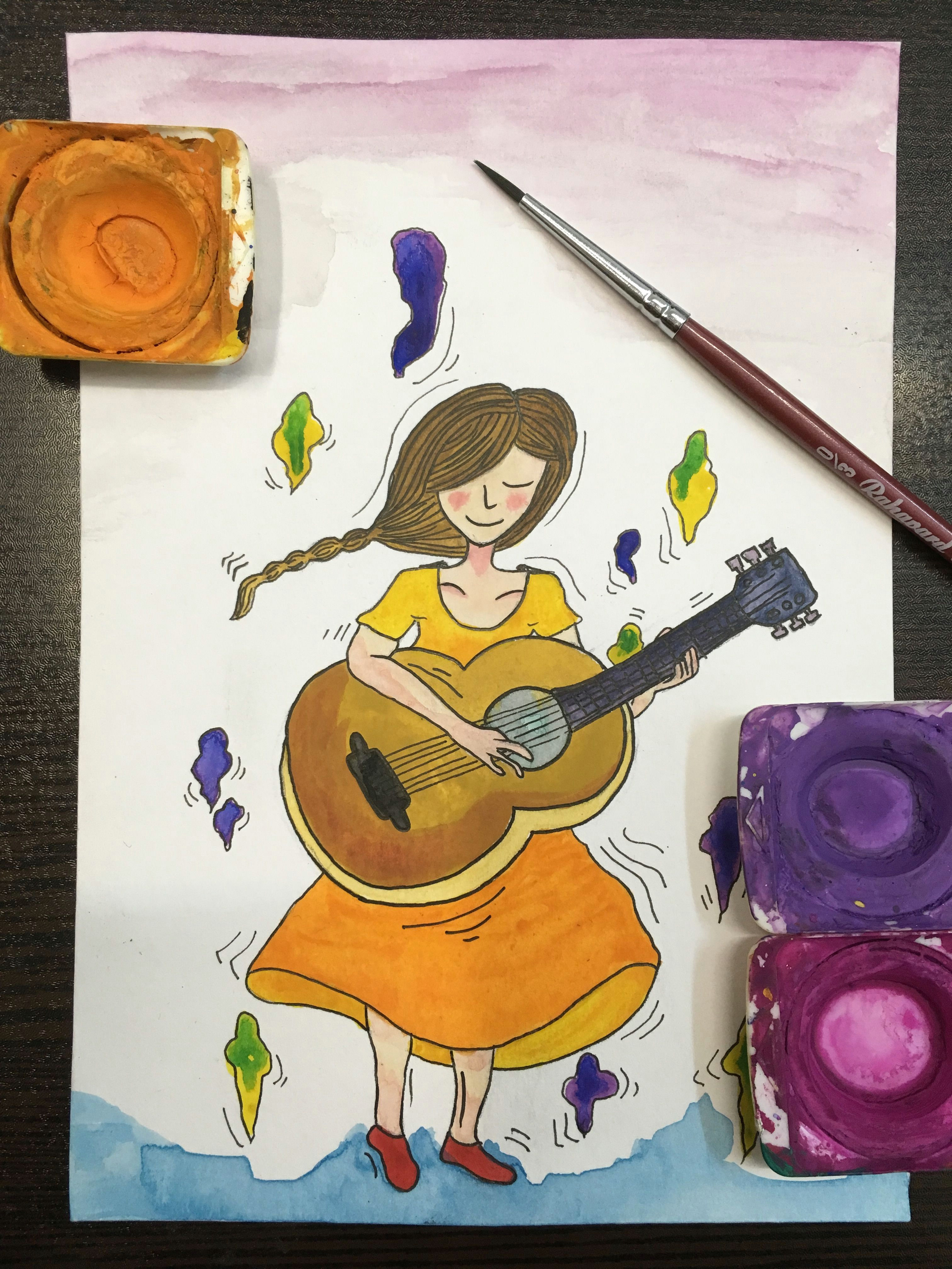 guitarist my little girl trying to learn guitar d guitar art watercolor colourful