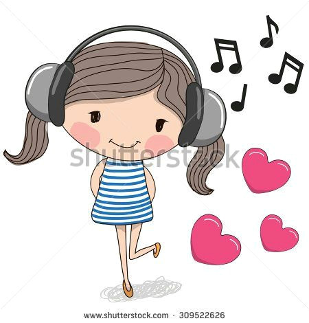 cute cartoon girl with headphones and hearts