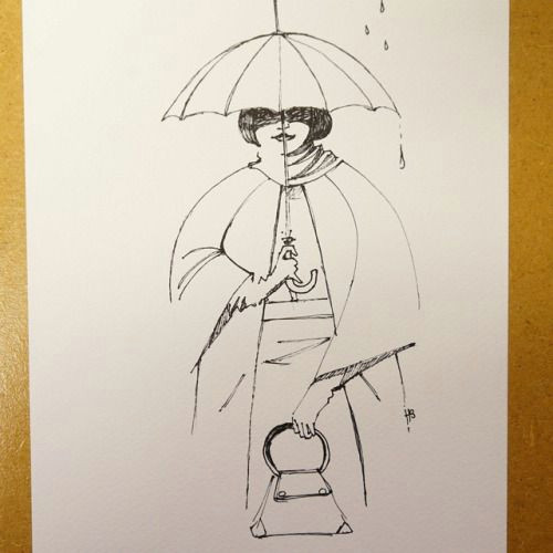 girl holding umbrella fineliner on watercolor paper hilbrand bos