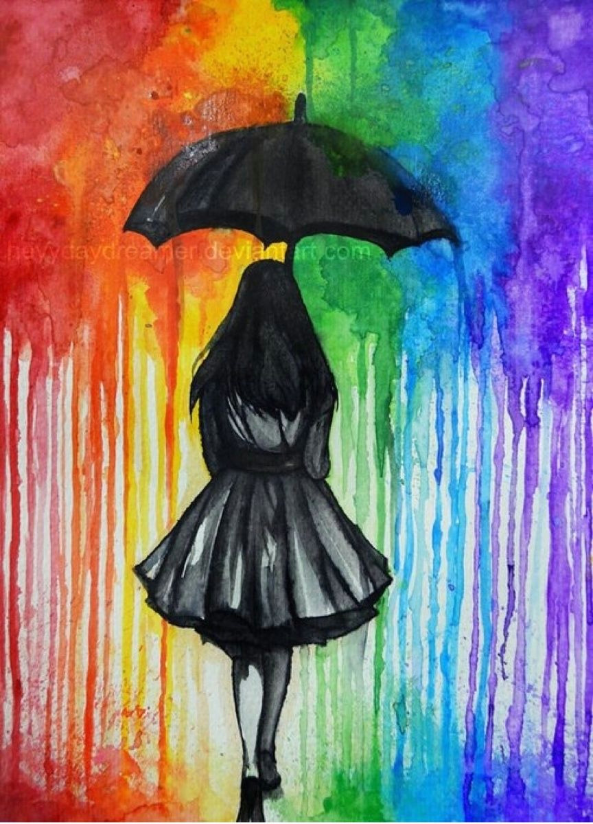 girl with umbrella painting walk away