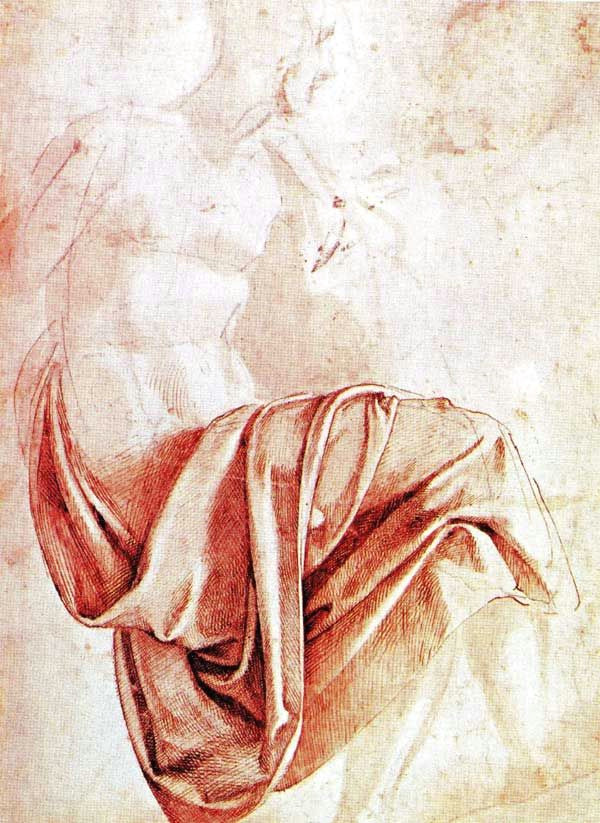 michelangelo 1475 1564 study for the drapery of the erythraean sibyl 1508 12 brown wash with dark brown ink over a black chalk under drawing