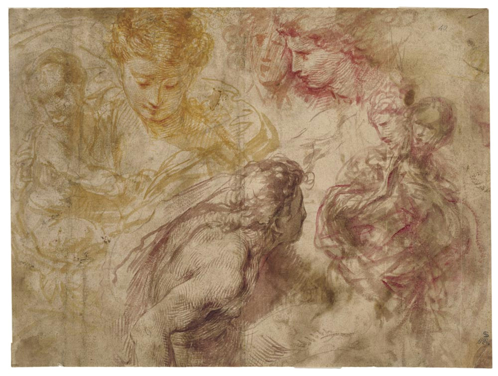 sheet of studies including a virgin and child the heads of two angels a youth and a draped female