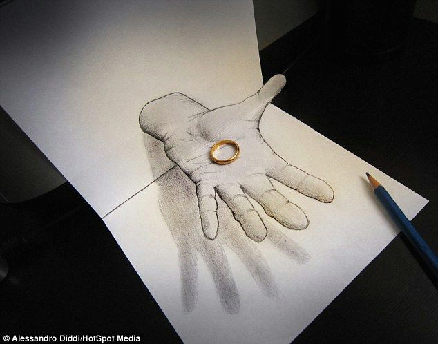 an amazing 3d drawing shows a hand holding out a ring by artist alessandro diddi