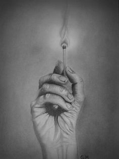 pencil drawing of a hand holding a lit match freehand based on a reference photo i took myself