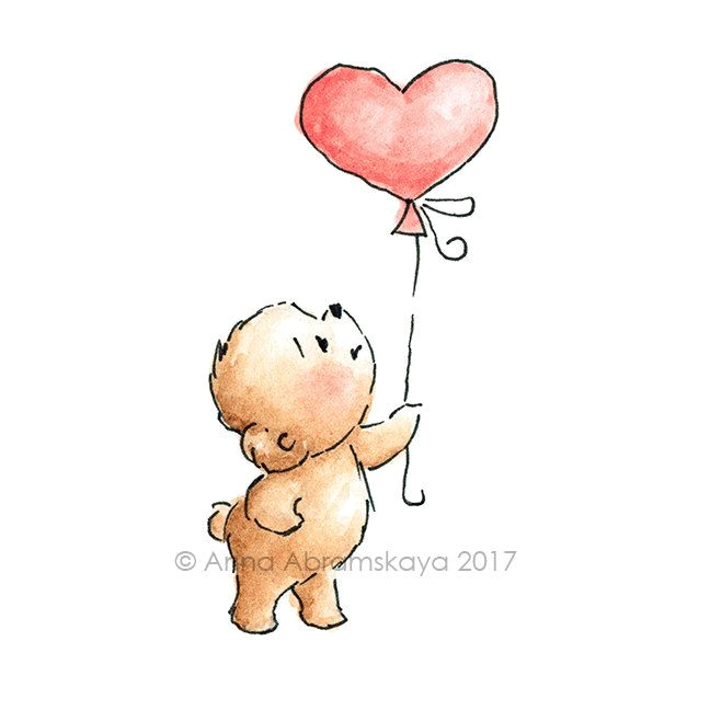 teddy bear with heart balloon printable art digital file valentines love bear love illustration ink and watercolor greeting by annaabramskaya