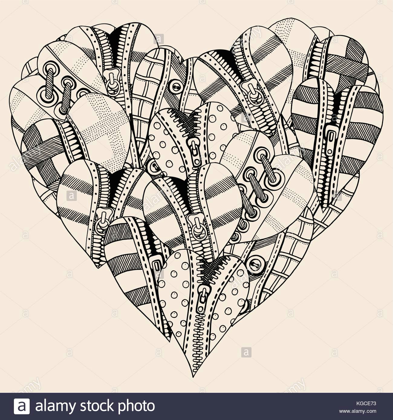 big heart of small hand drawn hearts background for valentines day sketch for coloring book vector doodle design elements black and beige