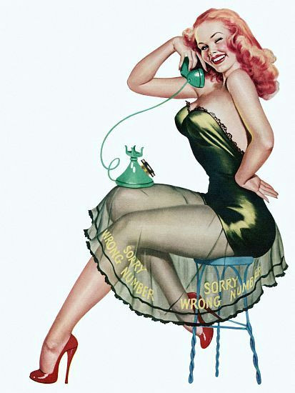 pin up art redhead on a stool with phone poster