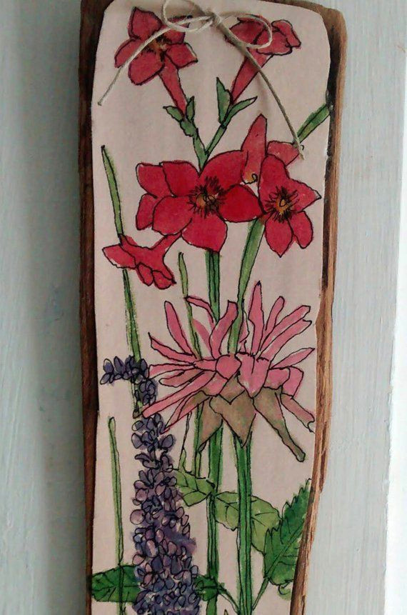 pink flower watercolor illustration on wood drawing botanical garden ready to hang housewarmng