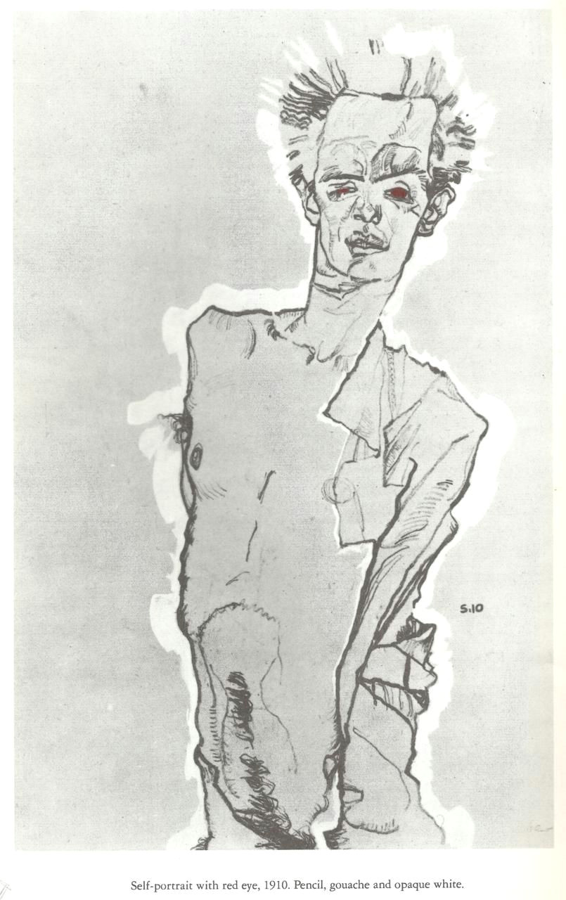 dirtydirtyblonde egon schiele self portrait with red eye 1910 pencil gouache and opaque white my absolute favorite drawing ever at the neuegalerie