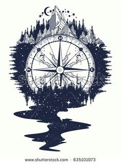 compass mountains river of stars flows tattoo mountain antique compass and wind rose adventure travel outdoors symbol