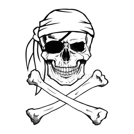 black and white pirate skull and crossbones also known as jolly roger wearing a bandana