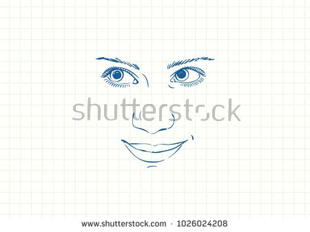 blue pen sketch on square grid notebook page smiling teenage girl face with eyes looking