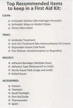 a printable checklist for the top recommended items to keep in a first aid kit