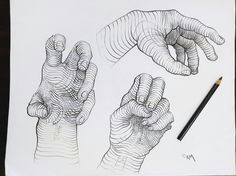 three hands pencil on paper a project i did with my students using cross contour lines to give form to the shape of hands