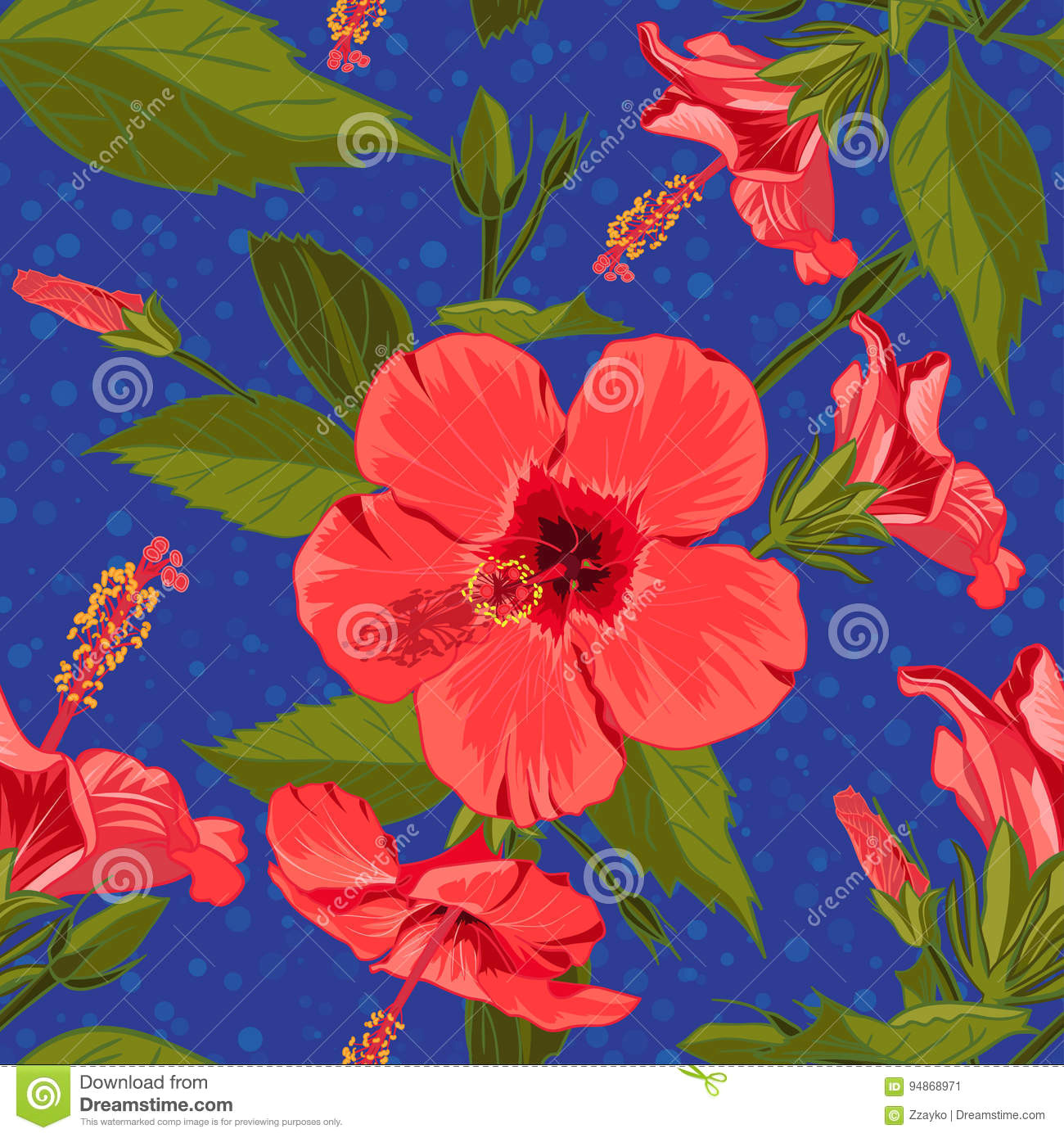 seamless hand drawn tropical pattern with jungle exotic hibiscus flower on dark blue background