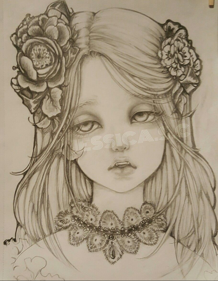 pencil drawingoftheday beautiful vampire girl dramatic eyes detail hair drawing flower hair corsages more