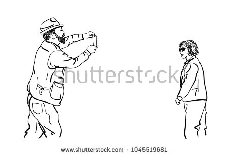 sketch of bearded man in hat taking photo with smartphone of asian woman hand drawn vector illustration