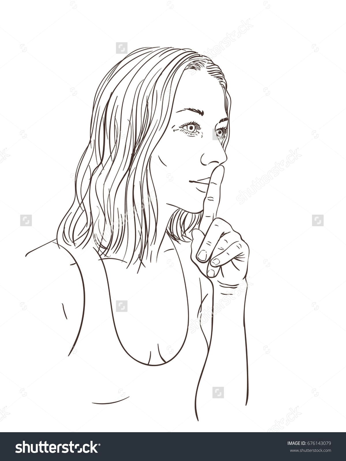 sketch of woman making silent gesture with medium length hair hand drawn line art