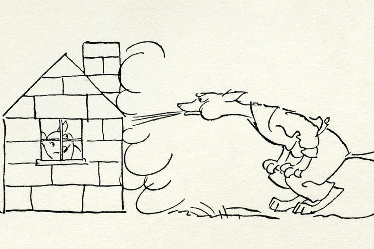 line drawing of cartoon wolf blowing at a pig s house of bricks