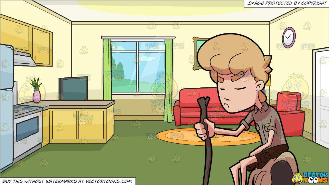 clipart cartoon a tired man takes a break from his hike and the kitchen