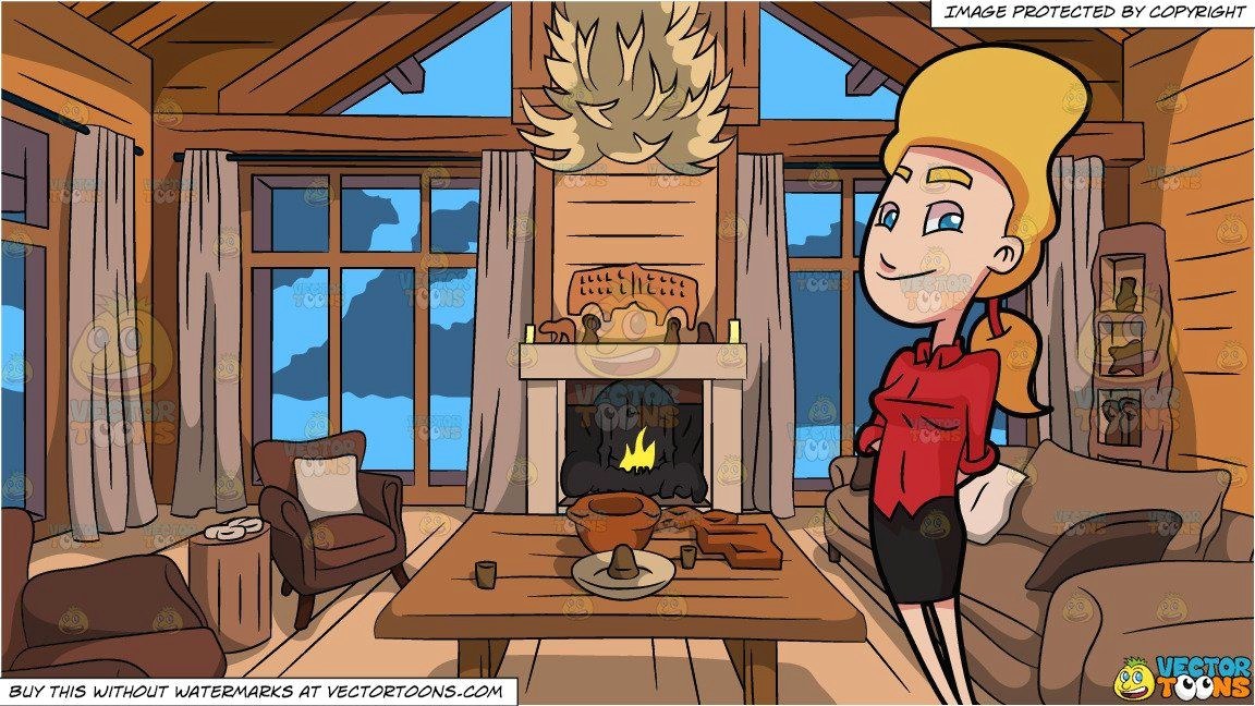 clipart cartoon a woman looking happy and wood cabin living room background vendor