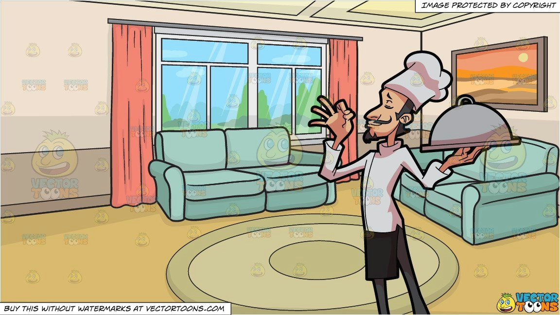 clipart cartoon a chef holding a tray and a small living room background