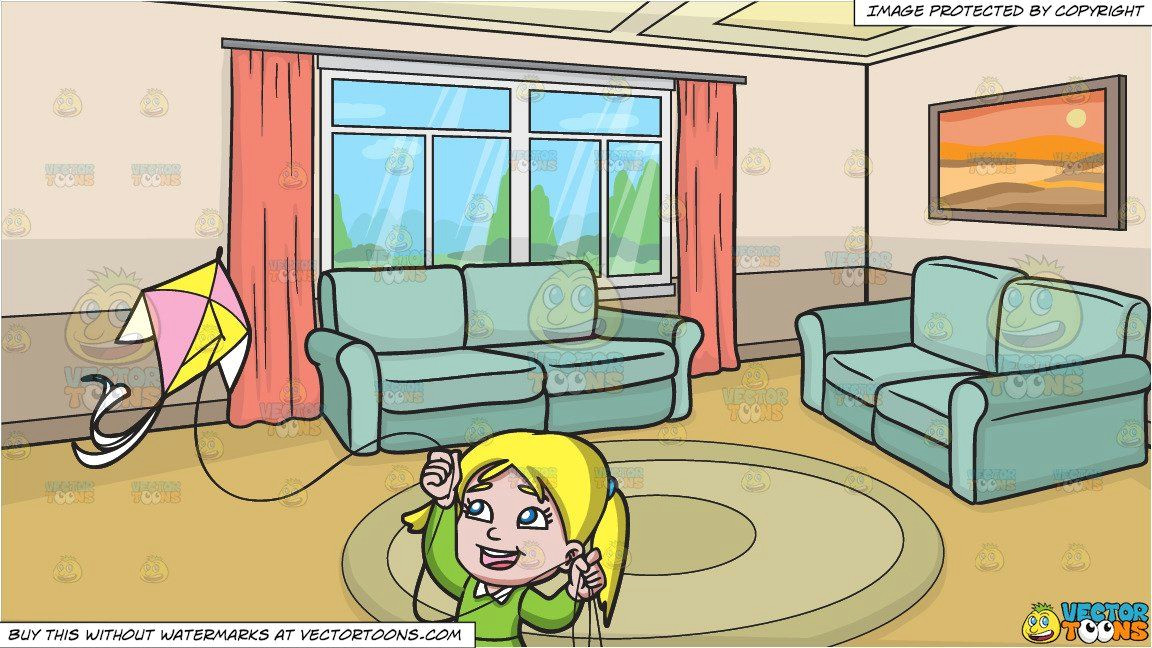 clipart cartoon a delighted girl flying her pretty kite and a small living room