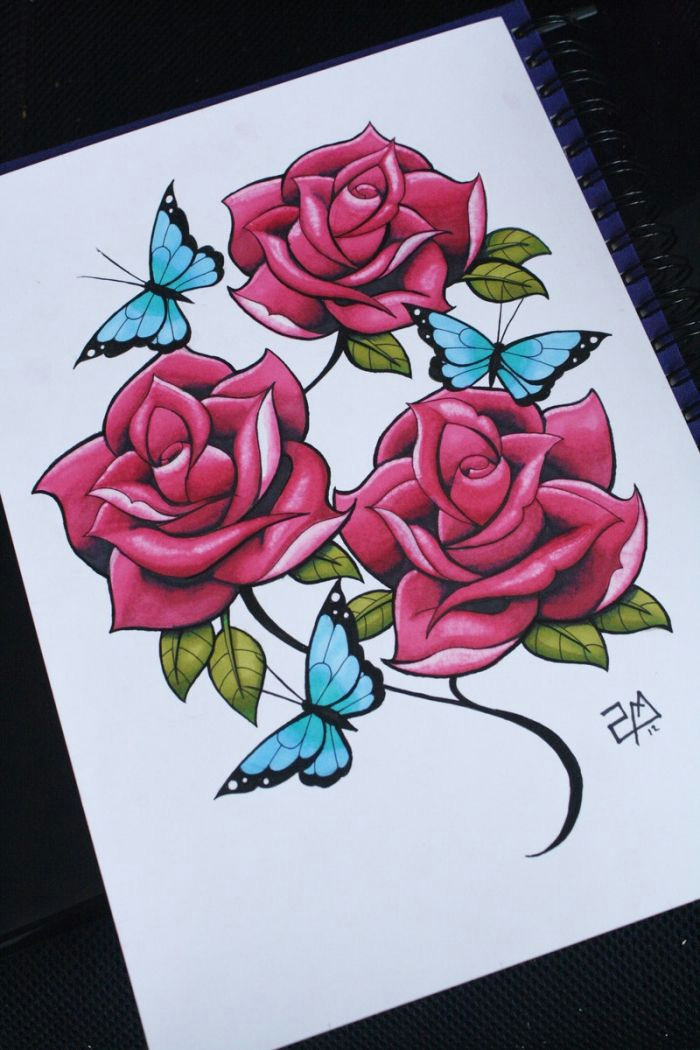 exemple de dessin fleur couleur joli dessin de roses rouges aux feuilles vertes avec papillons bleus moda le de dessin de fleur