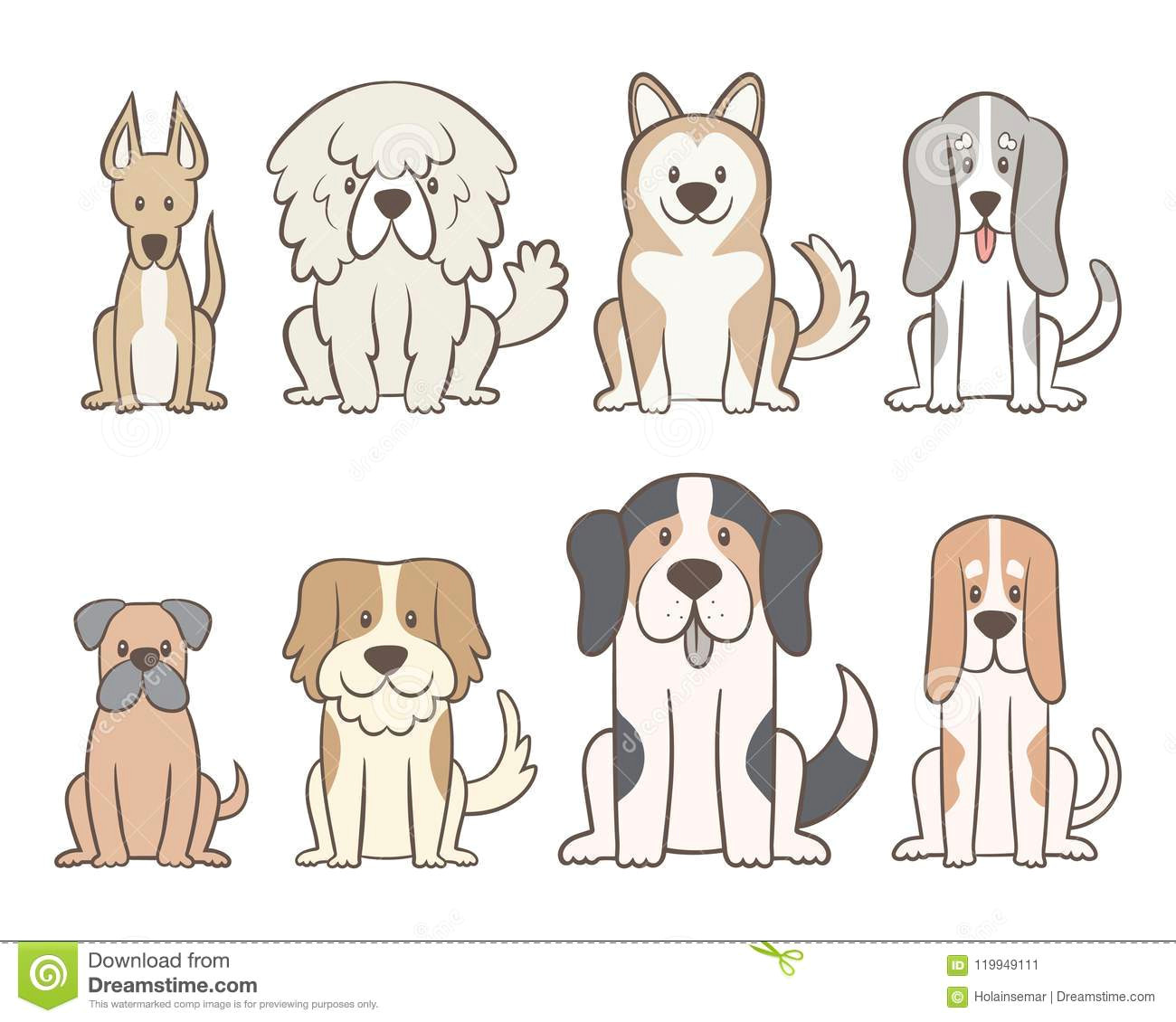 collection of different kinds of dogs isolated on white background hand drawn dogs sitting in front view position vector illustration