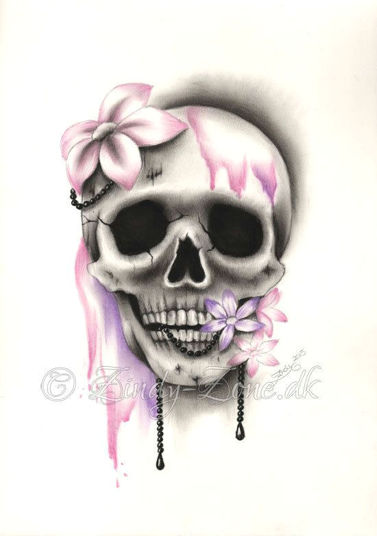 sweet decay skull flower pink purple girl tattoo by zindyzone