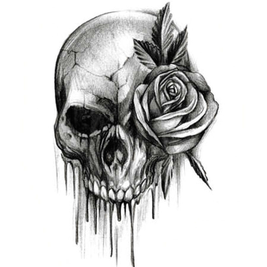 rose flower and skull black and white tattoo design idea