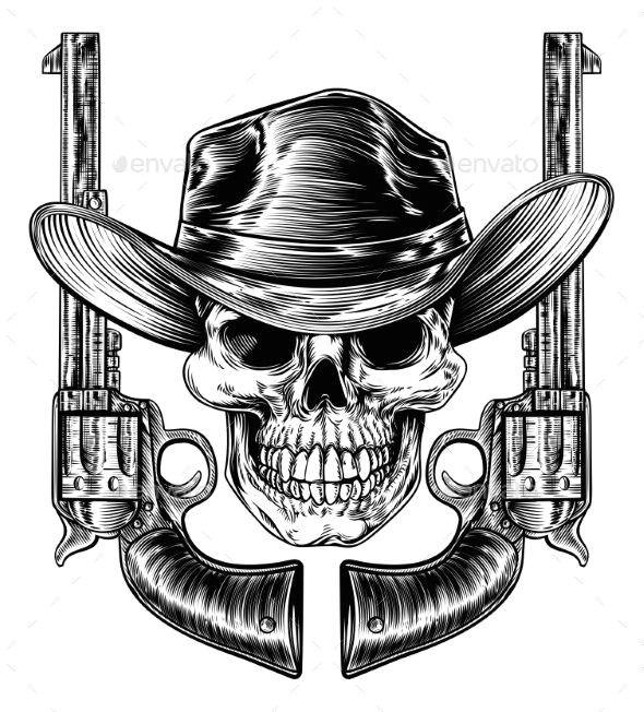 cowboy hat skull and pistols
