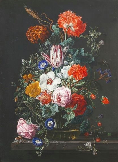 artwork by frederick victor bailey still life of flowers in a vase raspberries and blackcurrants nearby made of oil on panel