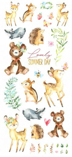 lovely summer day forest animals clip art watercolor etsy scrapbooking image deer drawing
