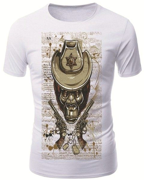 modish round neck 3d skull guns pattern short sleeve men s t shirt white m