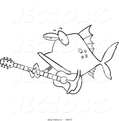 vector of a cartoon fish guitarist outlined coloring page drawing cartoon fish free coloring