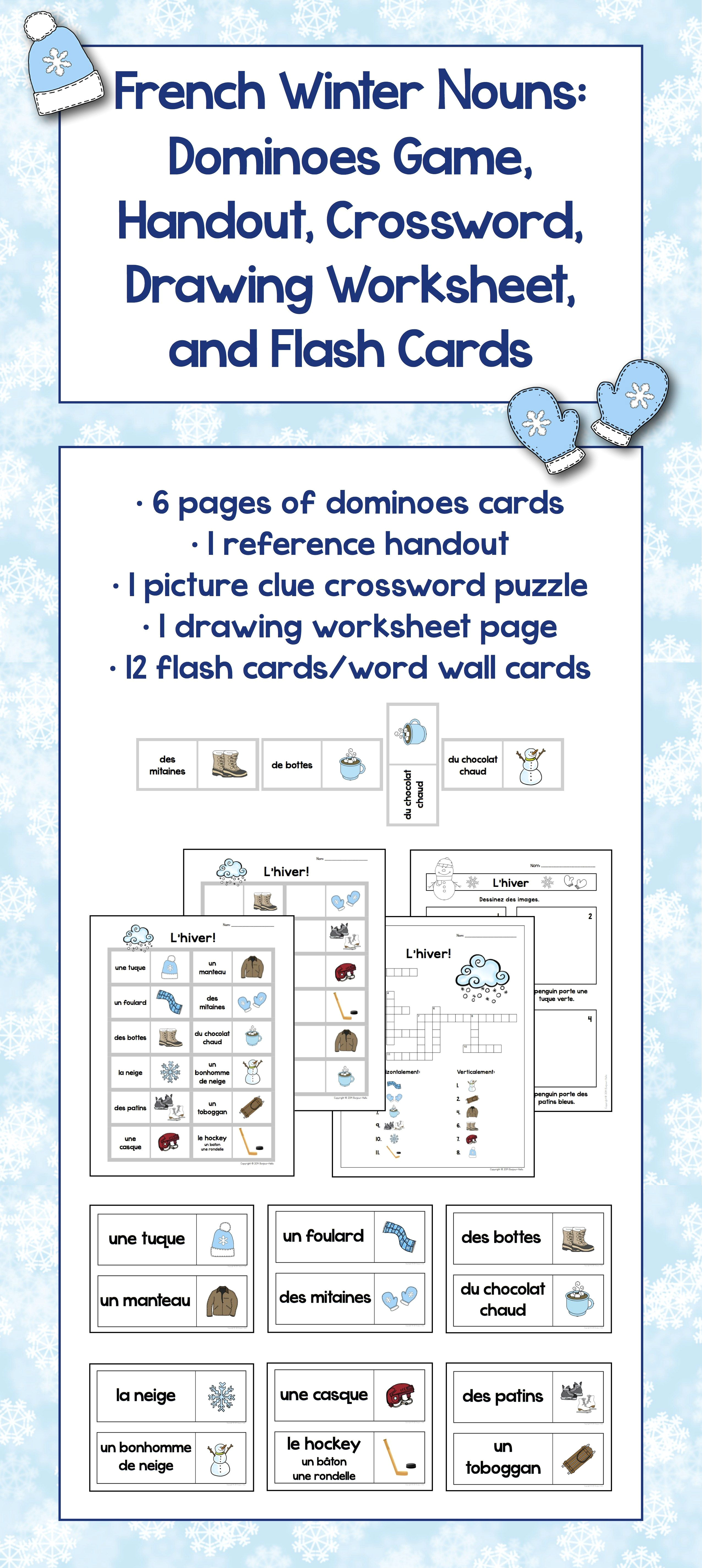 french winter nouns dominoes game handout crossword drawing worksheet and flash cards