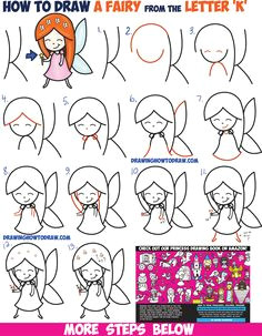 how to draw a cute cartoon fairy kawaii chibi from letter k easy step by step drawing tutorial for kids