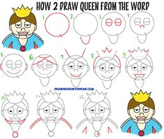 how to draw a cartoon queen from the word queen easy step by step drawing tutorial for kids