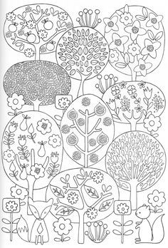 scandinavian coloring book pg 28 features fox squirrel fruit and flowering trees