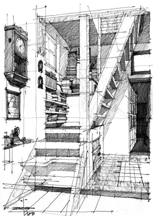 architectural drawings andrei zoster ra ducanu captures the mishap formation of books on the stairs and the quirky layout