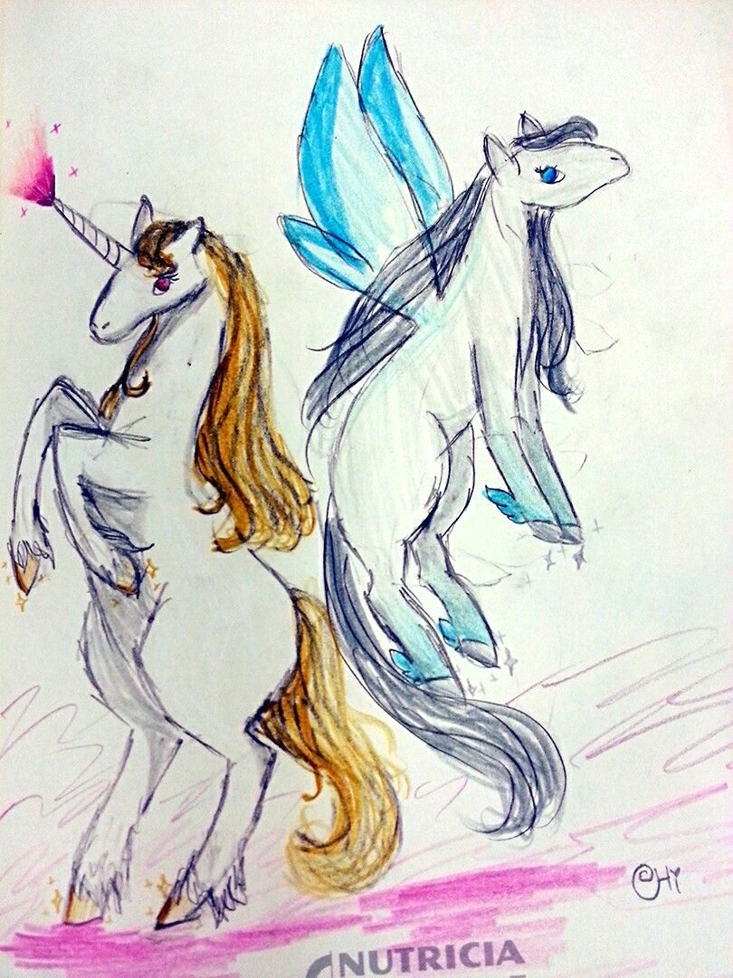 a drawing made by me of a unicorn and a pegasus this drawing is named hooves od gold ans silver this is my art nobody should claim as theirs