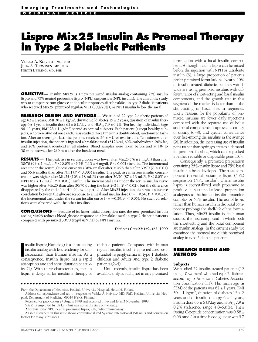 pdf lispro mix25 insulin as premeal therapy in type 2 diabetic patients
