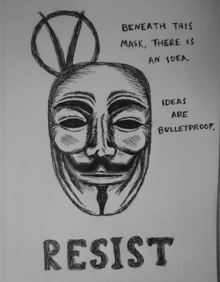 sketch of the guy fawkes mask with quotes from v for vendetta freehand based on a photograph and my imagination my traditional media artwork