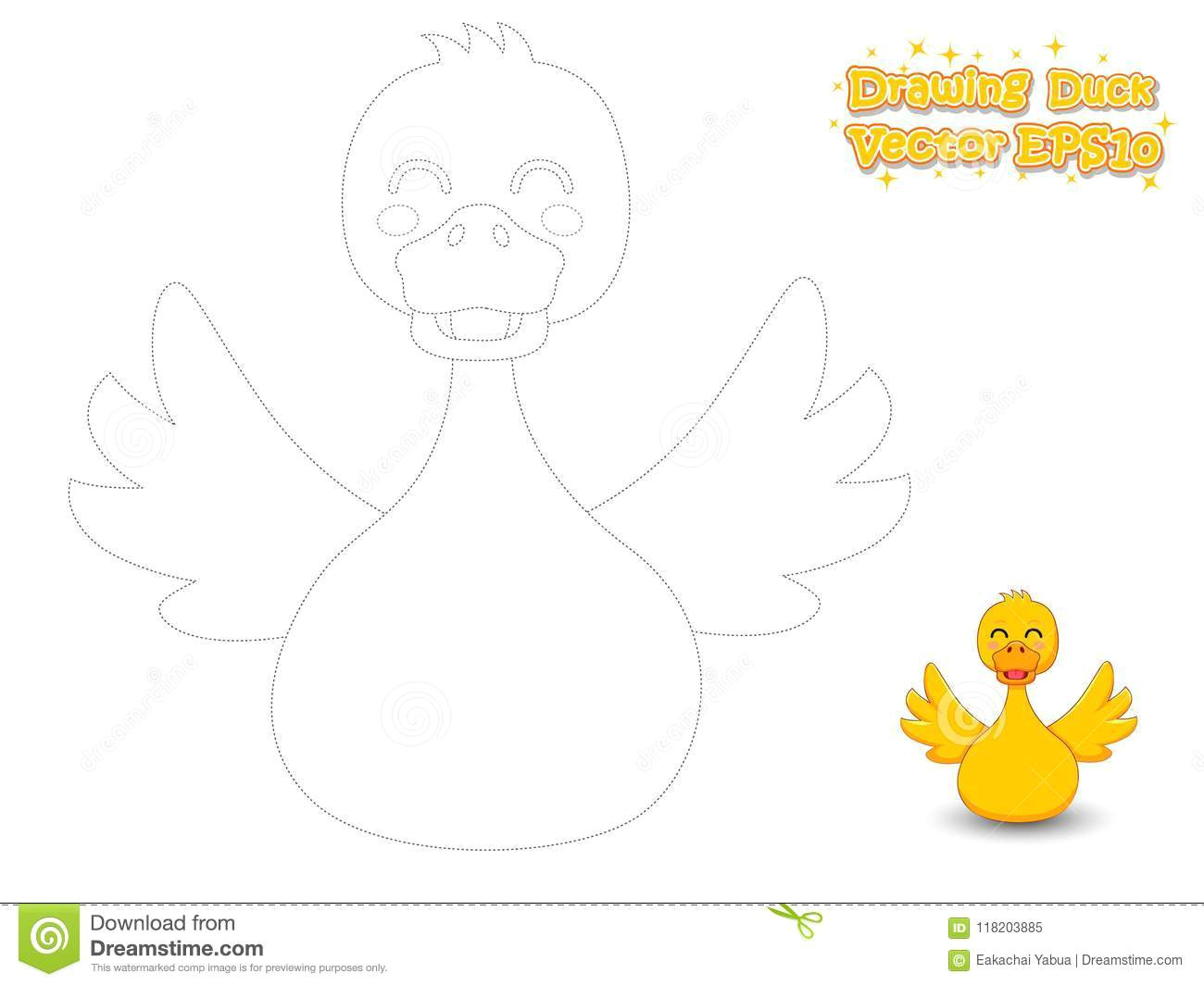 drawing and coloring cute cartoon duck educational game for kids vector illustration