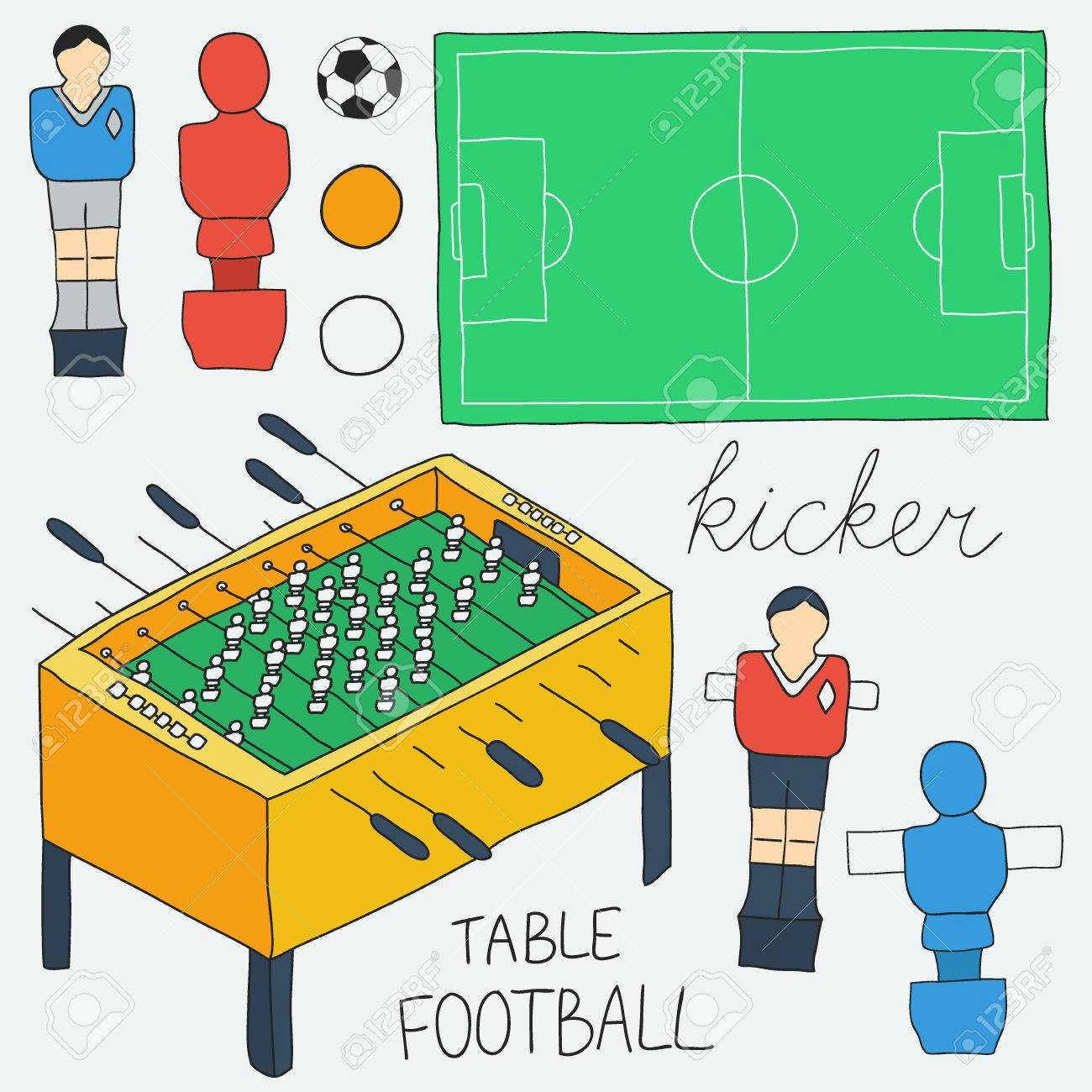 vector table football set hand drawn cartoon collection of kicker icons player game table field ball doodle drawing vector illustration