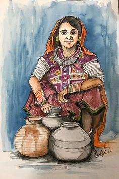 sold indian village woman with pots of water watercolor and ink pen on paper from www pushpaartgallery com by artist pushpa sharma