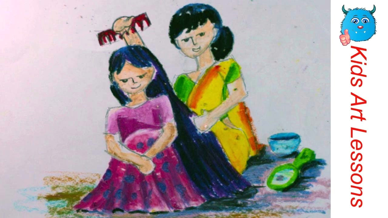 how to draw a figure composition village woman combing daughters hair step by step in oil pastel