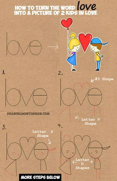 learn how to draw cartoon kids in love from the word love in this easy words cartoon drawing lesson for children